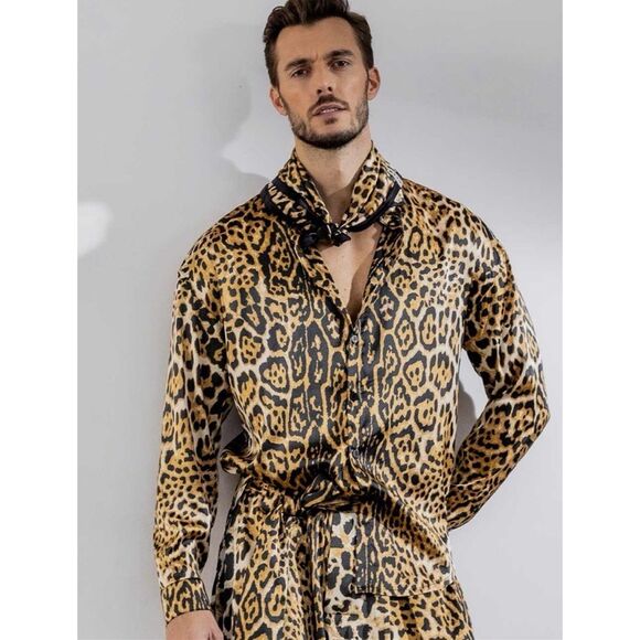 Rare ~ORTTU Justin Silky Statement 2 Piece Setin Leopard Skin ( Shirt/ Pants)M
